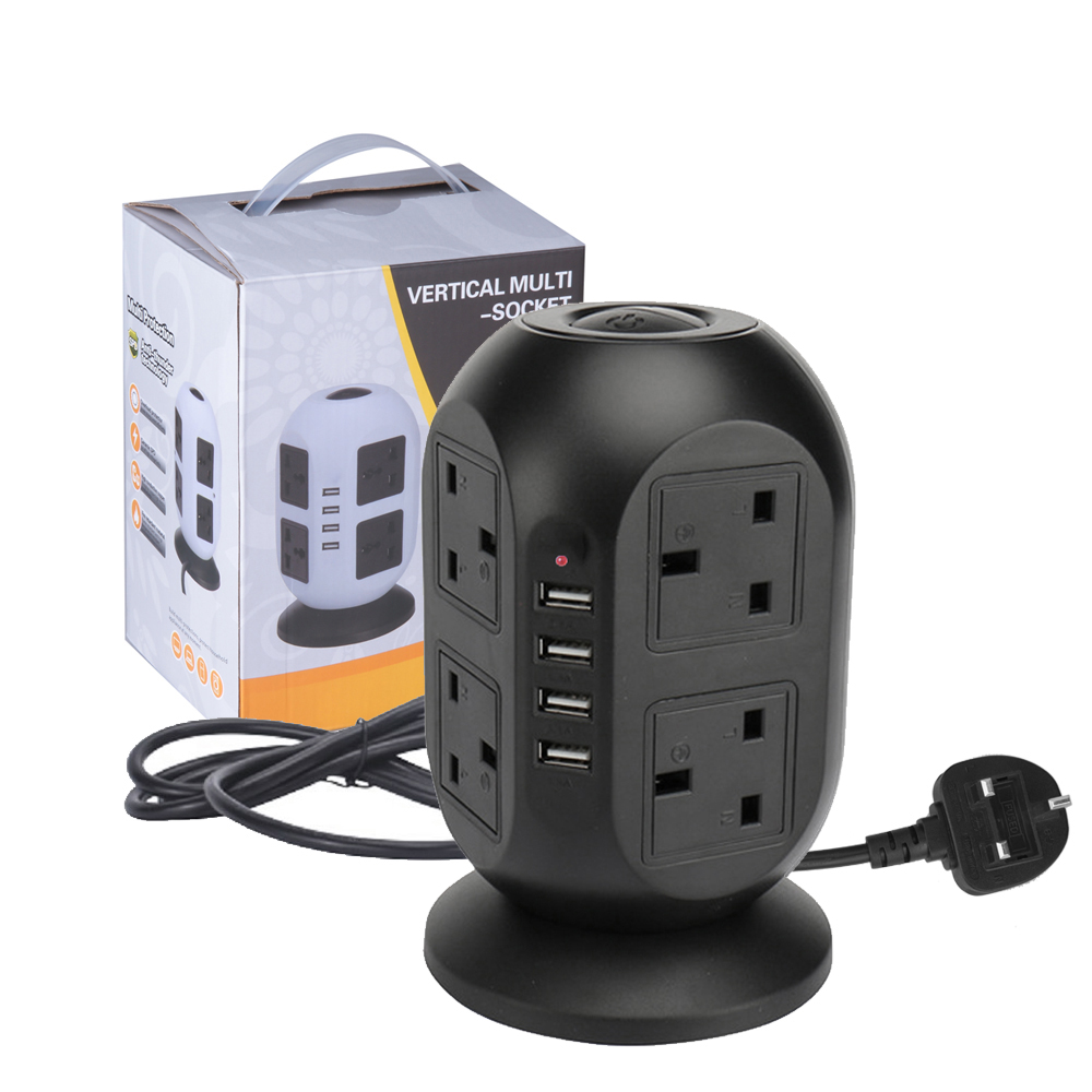 8 Way Tower Power Extension Lead USB UK Plug Multi Socket Surge ...