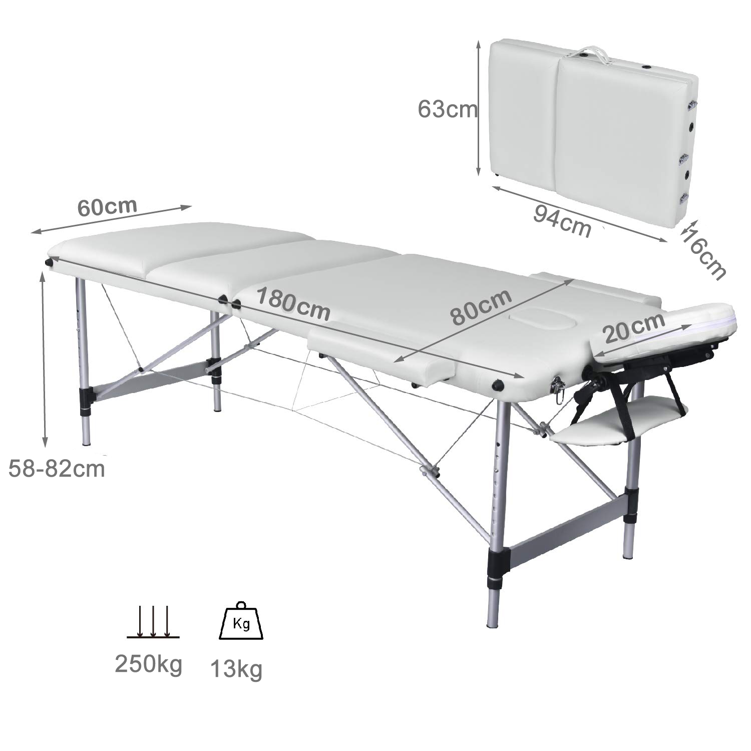 Table De Massage Pliante Portable 3 Zones En Aluminium Blanc Housse